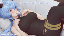 Rule 34 | 1girl, absurdres, artist name, blue hair, blush, breasts, couch, english text, finger to mouth, ganyu (genshin impact), genshin impact, highres, long hair, looking at viewer, lying, pillow, purple eyes, regiana (jubi), sleeveless, solo
