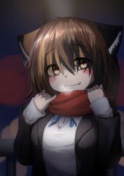 Rule 34 | 1girl, animal ear fluff, animal ears, black jacket, blazer, blue ribbon, blurry, blurry background, breasts, brown eyes, brown hair, cat ears, closed mouth, commentary request, depth of field, dress shirt, ear piercing, fang, fang out, hair between eyes, hands up, head tilt, highres, jacket, kagarimachi konatsu, long hair, long sleeves, looking at viewer, medium breasts, neck ribbon, open clothes, open jacket, original, piercing, red scarf, ribbon, scarf, shirt, sleeves past wrists, smile, solo, sweater, upper body, wavy mouth, white shirt, white sweater