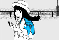 Rule 34 | 1girl, backpack, bag, closed mouth, commentary request, dot nose, dress, floating hair, grass, grey background, greyscale, handheld game console, happy, hat, holding, holding handheld game console, jacket, katsuwo (cr66g), aoyama kotoha (mitsuboshi colors), long hair, long sleeves, looking at viewer, mitsuboshi colors, monochrome, open clothes, open jacket, outdoors, plant, randoseru, road, smile, solo, spot color, standing, street