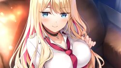 Rule 34 | 1girl, :&gt;, amaemi-longing for you-, blonde hair, blue eyes, blush, breasts, choker, couch, cross, cross necklace, eyebrows hidden by hair, female focus, from above, game cg, highres, jewelry, kusunoki iroha, large breasts, long hair, looking at viewer, necklace, necktie, original, oryo (oryo04), school uniform, sitting, smile, solo, upper body