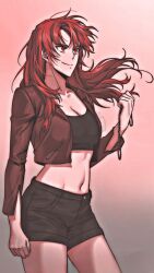 Rule 34 | 1girl, black shorts, black top, brown jacket, closed mouth, hand up, highres, jacket, lee seol-ah, long hair, red eyes, red hair, shorts, smile, solo, tomb raider king, very long hair