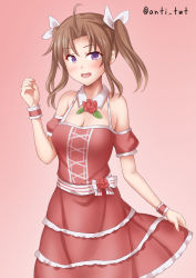 Rule 34 | 1girl, alternate costume, anti (untea9), bare shoulders, breasts, brown hair, cleavage, detached collar, dress, gradient background, hair between eyes, hair ribbon, highres, kagerou (kancolle), kantai collection, long hair, looking at viewer, medium breasts, open mouth, purple eyes, red background, red dress, ribbon, short sleeves, smile, solo, twintails