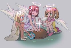 3girls ahoge angel angel_wings blonde_hair blue_eyes bobby_socks brown_hair closed_eyes commentary_request cross detached_collar dirt double_bun dress food_wrapper glowing glowing_cross glowing_halo grave green_eyes grey_background hair_bobbles hair_bun hair_ornament hair_scrunchie halo idolmaster idolmaster_cinderella_girls jacket kneeling layla_(idolmaster) long_hair looking_at_another medium_hair multicolored_clothes multicolored_skirt multiple_girls munakata_atsumi necktie off_shoulder open_mouth pink_footwear pink_skirt sato_shin scrunchie shoes short_necktie side_up_bun simple_background skirt sleeveless sleeveless_dress sleeveless_jacket smile socks spaghetti_strap squatting twintails white_dress white_footwear white_socks wings wrist_cuffs yawarakai_inu yellow_jacket yellow_skirt