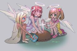 Rule 34 | 3girls, ahoge, angel, angel wings, blonde hair, blue eyes, bobby socks, brown hair, closed eyes, commentary request, cross, detached collar, dirt, double bun, dress, food wrapper, glowing, glowing cross, glowing halo, grave, green eyes, grey background, hair bobbles, hair bun, hair ornament, hair scrunchie, halo, idolmaster, idolmaster cinderella girls, jacket, kneeling, layla (idolmaster), long hair, looking at another, medium hair, multicolored clothes, multicolored skirt, multiple girls, munakata atsumi, necktie, off shoulder, open mouth, pink footwear, pink skirt, sato shin, scrunchie, shoes, short necktie, side up bun, simple background, skirt, sleeveless, sleeveless dress, sleeveless jacket, smile, socks, spaghetti strap, squatting, twintails, white dress, white footwear, white socks, wings, wrist cuffs, yawarakai inu, yellow jacket, yellow skirt