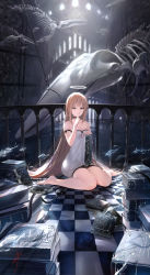 Rule 34 | 1girl, arm strap, balcony, bare legs, bare shoulders, barefoot, book, book stack, brown eyes, brown hair, chain, checkered floor, choker, collarbone, commentary request, dress, finger to mouth, fish, grimoire, hand up, highres, hoojiro, index finger raised, indoors, library, long hair, looking at viewer, mole, mole under eye, original, shushing, signature, sitting, skeleton, smile, solo, strapless, strapless dress, very long hair, wariza, white dress
