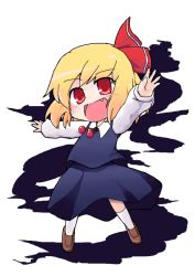 Rule 34 | 1girl, blonde hair, blush, chibi, darkness, embodiment of scarlet devil, fang, female focus, hair ribbon, kari (karinimooreha), necktie, outstretched arms, red eyes, ribbon, rumia, short hair, solo, spread arms, touhou