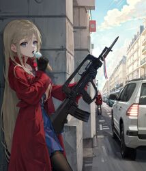 Rule 34 | 1girl, assault rifle, bayonet, blonde hair, blue dress, blue eyes, bullpup, car, coat, commentary, day, dress, english commentary, famas, famas (girls&#039; frontline), food, girls&#039; frontline, greyscale, gun, highres, holding, holding food, holding gun, holding ice cream, holding weapon, ice cream, long hair, long sleeves, monochrome, motor vehicle, open clothes, open coat, open mouth, outdoors, red coat, rifle, solo, standing, takemori kohoto, very long hair, weapon