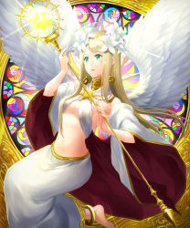 Rule 34 | 1girl, angel wings, anklet, bad id, bad pixiv id, barefoot, breasts, brown hair, cape, cleavage, earrings, greek mythology, green eyes, head wreath, headband, hera, jewelry, midriff, navel, original, shingoku no valhalla gate, solo, staff, stained glass, tette, wings