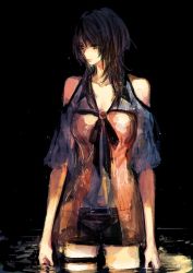Rule 34 | 1girl, bare shoulders, black hair, fatal frame, fatal frame 5, kozukata yuuri, partially submerged, solo, thigh strap, tima, wet, wet clothes