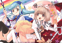 Rule 34 | 16bit sensation, 2girls, :q, black thighhighs, blue hair, blush, boots, brown eyes, cape, commentary request, dress, end card, hat, high heel boots, high heels, highres, holding, holding wand, ito noizi, juliet sleeves, koyama senri, light brown hair, long hair, long sleeves, looking at another, multiple girls, official art, open mouth, pin, pink eyes, puffy sleeves, rainbow order, side ponytail, smile, star (symbol), thigh boots, thighhighs, tongue, tongue out, uehara meiko, wand