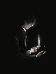 Rule 34 | 1boy, absurdres, black background, black hair, black jacket, black necktie, bright pupils, brown eyes, candle, candlelight, chinese commentary, commentary request, dark, hahahaha, highres, holding, holding candle, jacket, klein moretti, looking at object, lord of the mysteries, necktie, parted lips, shirt, short hair, simple background, solo, teeth, white shirt