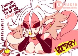 Rule 34 | 1girl, android 21, animated, animated gif, artist name, ass, black gloves, black sclera, blush, breasts, candy, chocolate, colored sclera, dated, diives, dragon ball, dragon ball fighterz, earrings, eating, elbow gloves, english text, fang, female focus, food, gloves, hands on own face, holding, holding with tail, jewelry, lollipop, lying, majin android 21, medium breasts, nail polish, nipples, nude, on stomach, open mouth, pointy ears, prehensile tail, red eyes, saliva, signature, simple background, smile, solo, tail, talking, text focus, tongue, tongue out, white background, white hair