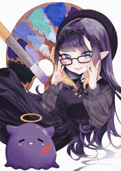 Rule 34 | 1girl, :3, absurdres, adjusting eyewear, beret, dress, glasses, halo, hat, highres, hololive, hololive english, long hair, long sleeves, looking at viewer, ninomae ina&#039;nis, ninomae ina&#039;nis (casual), official alternate costume, open mouth, paint, paintbrush, palette (object), pointy ears, purple eyes, purple hair, smile, sumisumire00, takodachi (ninomae ina&#039;nis), tentacle hair, virtual youtuber