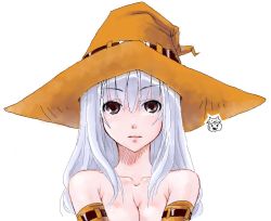 Rule 34 | 1girl, bad id, bad pixiv id, breasts, collarbone, crote, elbow gloves, fantasy earth zero, female focus, gloves, halloween, hat, looking at viewer, medium breasts, nude, oekaki, purple eyes, silver hair, solo, upper body, witch hat, yellow gloves, yellow hat