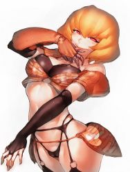 Rule 34 | 1girl, :p, black gloves, blonde hair, breasts, cameltoe, clementine (overlord), elbow gloves, covered erect nipples, fumio (rsqkr), gloves, hip focus, looking at viewer, naughty face, o-ring, overlord (maruyama), red eyes, short hair, simple background, skindentation, solo, tongue, tongue out, white background