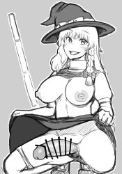 Rule 34 | 1futa, bar censor, blackstick128, blush, bow, braid, breasts, broom, censored, clothes lift, commentary request, erection, futanari, greyscale, grin, hair bow, hat, hat bow, highres, kirisame marisa, large breasts, large penis, lifted by self, long hair, looking at viewer, monochrome, nipples, panties, panties around leg, penis, puffy short sleeves, puffy sleeves, shirt, shirt lift, shoes, short sleeves, simple background, single braid, skirt, skirt lift, smile, solo, squatting, touhou, turtleneck, turtleneck shirt, underwear, vest, vest lift, witch hat