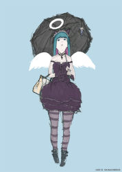 Rule 34 | 1girl, angel wings, bag, colored inner hair, female focus, full body, gainax, gainaxtop, gothic lolita, halo, lolita fashion, multicolored hair, official art, panty &amp; stocking with garterbelt, parody, solo, stocking (psg), striped clothes, striped thighhighs, style parody, thighhighs, two-tone hair, umbrella, wings