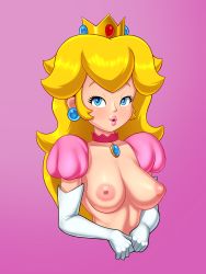 Rule 34 | 1girl, absurdres, blonde hair, blue eyes, breast focus, breasts, cropped torso, crown, earrings, elbow gloves, eyelashes, gloves, highres, jewelry, large breasts, lips, long hair, looking at viewer, mario (series), nintendo, nipples, nude, outline, parted lips, perky breasts, pink background, pink lips, princess, princess peach, puckered lips, puffy nipples, shiny skin, simple background, sleepiitreat, smile, solo, super mario bros. 1, thick lips, upper body, white gloves