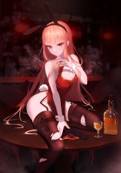 Rule 34 | 1girl, absurdres, alcohol, animal ears, bar (place), bare arms, bare shoulders, blonde hair, blunt bangs, blurry, blurry background, breasts, brown thighhighs, china dress, chinese clothes, cleavage, commentary request, dress, fake animal ears, garter belt, garter straps, gun, highres, indoors, large breasts, leotard, long hair, looking at viewer, mole, mole under eye, on table, original, pani (wpgns9536), playboy bunny, rabbit ears, rabbit tail, red dress, sitting, smoking, solo, table, tail, thighhighs, torn clothes, torn thighhighs, weapon, wrist cuffs