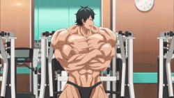 Rule 34 | 1boy, abs, animated, animated gif, anime screenshot, bara, black hair, bulge, clock, closed eyes, dumbbell nan kilo moteru?, flexing, gym, happy, indoors, lowres, machio naruzou, male focus, muscular, navel, open mouth, pectorals, short hair, smile, smiley face, solo, sparkle, standing, thong, topless male, underwear