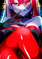 Rule 34 | 1girl, alternate hairstyle, black gloves, breasts, close-up, colored skin, crossed legs, gloves, grey hair, grey skin, hololive, hololive indonesia, itsuki keiichi, kureiji ollie, long hair, looking at viewer, multicolored hair, purple eyes, red eyes, red hair, red legwear, sitting, small breasts, smile, solo, stitched face, stitched torso, stitches, streaked hair, tongue, tongue out, virtual youtuber, zombie