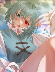 Rule 34 | 1girl, :p, blue eyes, blue hair, blue nails, blue vest, commentary request, heterochromia, highres, long sleeves, nail polish, nasu1225, purple nails, red eyes, short hair, solo, tatara kogasa, tongue, tongue out, touhou, vest