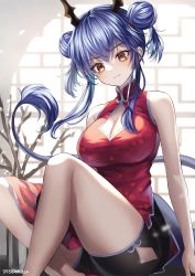 Rule 34 | 1girl, 8931ponzu, arknights, bare arms, bare legs, bare shoulders, black shorts, blue hair, breasts, ch&#039;en (ageless afterglow) (arknights), ch&#039;en (arknights), china dress, chinese clothes, cleavage, cleavage cutout, clothing cutout, commentary request, double bun, dragon horns, dragon tail, dress, feet out of frame, hair bun, horns, large breasts, long hair, looking at viewer, partial commentary, red dress, short shorts, shorts, sidelocks, sitting, sleeveless, sleeveless dress, smile, solo, tail, yellow eyes