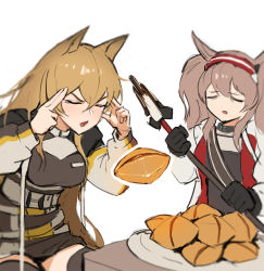 Rule 34 | 2girls, angelina (arknights), animal ears, arknights, black choker, black jacket, black legwear, black shirt, breasts, brown hair, ceobe (arknights), choker, closed eyes, commentary, cookie, dog ears, dog girl, english commentary, female focus, food, fox ears, fox girl, hairband, holding, holding staff, infection monitor (arknights), jacket, jason kim, long hair, long sleeves, man levitating pizza (meme), medium breasts, meme, multiple girls, open clothes, open jacket, open mouth, red hairband, shirt, staff, swept bangs, thighhighs, twintails, two-tone hairband, upper body, v-shaped eyebrows, very long hair, white jacket