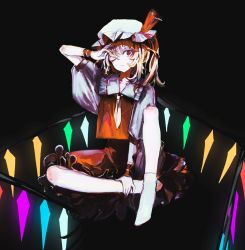 Rule 34 | 1girl, ;|, ascot, blonde hair, bow, collar, crystal, flandre scarlet, frilled collar, frills, full body, hand on own ankle, hat, hat bow, highres, looking at viewer, medium hair, mob cap, on ( l0 ), puffy short sleeves, puffy sleeves, red bow, red eyes, red skirt, red vest, ribbon-trimmed collar, ribbon trim, shirt, short sleeves, sitting, skirt, skirt set, socks, solo, touhou, vest, white hat, white shirt, white socks, wings, wrist cuffs