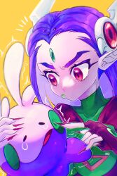 Rule 34 | 100 iwaoawi 001, 1girl, absurdres, covered collarbone, fingerless gloves, fingernails, forehead jewel, frown, gloves, green lips, hair behind ear, highres, long fingernails, long pointy ears, macross, macross 7, pointy ears, purple gloves, purple nails, red eyes, sharp fingernails, sivil, skin tight, solo focus, sweatdrop, trembling, v-shaped eyebrows, widow&#039;s peak, yellow background, yellow eyes