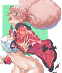 Rule 34 | 1girl, afro puffs, arched back, artist name, big hair, bikini, blush, chuatury panlunch, cleavage cutout, clothing cutout, double bun, erde00, fingernails, from side, green background, gundam, gundam suisei no majo, hair bun, jacket, long fingernails, long sleeves, looking at viewer, multi-strapped bikini bottom, navel, open clothes, open jacket, open mouth, pink hair, profile, purple eyes, red jacket, skindentation, sleeveless turtleneck crop top, stomach, swimsuit, white background, white bikini