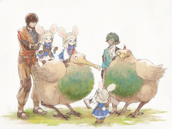 Rule 34 | 2boys, 3others, adventurer (ff14), ambiguous gender, animal ears, au ra, belt, bird, blue eyes, book, boots, brown footwear, brown gloves, brown hair, brown pants, commentary, dragon horns, dress, facial hair, final fantasy, final fantasy xiv, full body, furry, gloves, green hair, holding, holding book, horns, hyur, lifting person, looking at another, loporrit, multiple boys, multiple others, omori hakumai, pants, pouch, rabbit ears, rabbit tail, red eyes, riding, shoes, short hair, simple background, smile, standing, stubble, swept bangs, tail, turban, varshahn, warrior of light (ff14), whiskers, white background, white headwear, writing