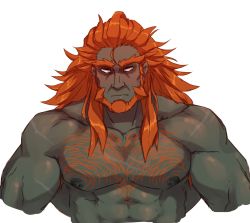 Rule 34 | 1boy, abs, bara, beard, chest hair, colored skin, completely nude, cropped torso, facial hair, ganondorf, ghangaji, green skin, highres, large pectorals, long hair, male focus, mature male, muscular, muscular male, nintendo, nipples, nude, orange hair, pectorals, the legend of zelda, thick eyebrows, white background, wrinkled skin, yellow eyes