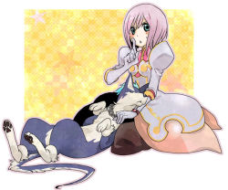 Rule 34 | 00s, 1girl, blush, chain, dog, dress, estellise sidos heurassein, finger to mouth, frown, gloves, green eyes, juria0801, kneeling, pants, pink hair, pointing, repede (tales), short hair, shushing, sleeping, sweatdrop, tales of (series), tales of vesperia, white gloves, yellow background