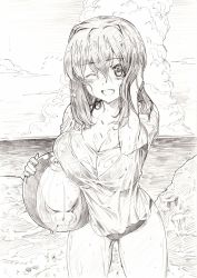Rule 34 | 1girl, ball, beach, beachball, bikini, blush, breasts, cleavage, cloud, cloudy sky, commentary, girls und panzer, graphite (medium), greyscale, hand in own hair, highres, holding, holding ball, kneeling, kondou taeko, large breasts, leaning forward, light blush, looking at viewer, makicha (sasurainopink), medium hair, monochrome, no headband, no pants, ocean, one eye closed, open mouth, see-through, shirt, short sleeves, sky, smile, solo, swimsuit, t-shirt, thighs, traditional media, wet, wet clothes, wet shirt