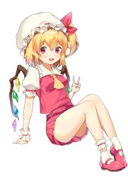 Rule 34 | 1girl, ankle garter, arm support, ascot, blonde hair, blush, bow, crystal, flandre scarlet, frilled shirt collar, frills, full body, hair bow, hat, highres, invisible chair, knees up, mary janes, mearyo, mob cap, open mouth, panties, pantyshot, pleated skirt, puffy short sleeves, puffy sleeves, red eyes, shoes, short hair, short sleeves, side ponytail, single wrist cuff, sitting, skirt, socks, solo, touhou, underwear, upskirt, v, wings, wrist cuffs