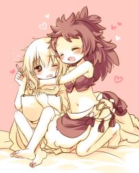 Rule 34 | 2girls, :d, = =, bare arms, bare legs, bare shoulders, barefoot, blonde hair, blush, bra, closed eyes, hair between eyes, holding, hug, indian style, kneeling, long hair, looking at another, made in abyss, midriff, mitty (made in abyss), mitty (made in abyss) (human), multiple girls, nanachi (made in abyss), nanachi (made in abyss) (human), navel, one eye closed, open mouth, parted lips, pen, pink background, ponytail, red hair, sakurazawa izumi, simple background, sitting, smile, strapless, strapless bra, underwear, wavy mouth