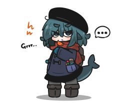 Rule 34 | ..., 1girl, backpack, bag, beret, black footwear, black hat, black skirt, blue coat, blue eyes, blue hair, blush, boots, candy, chibi, closed mouth, coat, commentary request, fins, fish tail, food, fuka-chan, full body, grey pantyhose, hair between eyes, hat, highres, holding, holding candy, holding food, holding lollipop, lollipop, looking at viewer, original, pantyhose, red scarf, scarf, shadow, shark tail, short eyebrows, simple background, skirt, solo, spoken ellipsis, standing, tail, thick eyebrows, uni souchou, white background