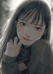 Rule 34 | 1girl, black eyes, black hair, blurry, blurry background, closed mouth, depth of field, grey sweater, hand up, highres, lipstick, long hair, looking at viewer, makeup, muted color, original, pink lips, smile, solo, sweater, tsunko (9v2 q)