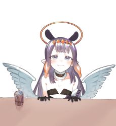 Rule 34 | 1girl, bare shoulders, black gloves, blue eyes, blush, brand name imitation, can, closed mouth, detached collar, feathered wings, flat chest, gloves, gradient hair, hair ornament, halo, highres, hololive, hololive english, linea alba, looking at viewer, low wings, mole, mole under eye, multicolored eyes, multicolored hair, ninomae ina&#039;nis, ninomae ina&#039;nis (1st costume), orange hair, purple eyes, purple hair, simple background, smile, solo, tentacle hair, tsu (lovesick1964), upper body, virtual youtuber, white background, wings