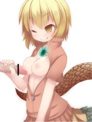 Rule 34 | 1girl, blonde hair, breasts, censored, medium breasts, nightmare cat, nipples, one eye closed, open clothes, penis, pixiv mahou gakuen, short hair, tail, wink, yellow eyes