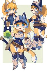 Rule 34 | 1girl, :d, animal ears, armor, ass, bare shoulders, belt, blue eyes, blue gloves, blue thighhighs, breastplate, breasts, elbow gloves, fangs, fox ears, fox girl, fox tail, furry, furry female, gauntlets, gloves, greaves, greentanuki, helmet, highres, leotard, long hair, multiple views, open mouth, original, potion, sheath, sheathed, smile, sword, tail, thighhighs, twintails, weapon