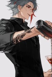 Rule 34 | 1boy, alcohol, alhaitham (genshin impact), alternate eye color, alternate hair color, arm tattoo, artist name, black shirt, black vest, cocktail glass, cocktail shaker, collared shirt, commentary, cup, dress shirt, drinking glass, english commentary, genshin impact, grey hair, highres, holding, holding cup, long sleeves, male focus, multicolored hair, open mouth, parted bangs, pouring, red eyes, red hair, shirt, short hair, simple background, sleeves rolled up, smile, solo, streaked hair, tattoo, teeth, upper teeth only, vest, white background, wing collar, yuelight
