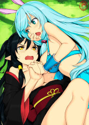 2girls angry annoyed aqua_eyes arifureta_shokugyou_de_sekai_saikyou black_hair blue_hair breasts breasts_out catfight convenient_censoring fang fighting girl_on_top hand_grab highres interlocked_fingers japanese_clothes large_breasts legs long_hair lying multiple_girls no_bra novel_illustration official_art open_mouth pointy_ears rabbit_ears shea_haulia sideboob sweat tank_top thighs tio_clarce yellow_eyes