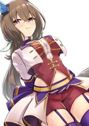 Rule 34 | 1girl, absurdres, admire vega (umamusume), animal ears, arms behind back, blush, breasts, brown hair, choker, closed mouth, cropped jacket, garter straps, herohero (higashi no dou), highres, horse ears, jacket, long hair, looking at viewer, medium breasts, navel, pink eyes, purple thighhighs, red shorts, red vest, shorts, simple background, skirt, smile, solo, starting future (umamusume), thighhighs, umamusume, vest, white background, white jacket, white skirt