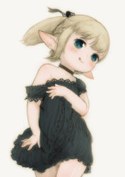 Rule 34 | 10s, 1girl, :q, blonde hair, blue eyes, choker, dress, feral lemma, final fantasy, final fantasy xiv, lalafell, off shoulder, pointy ears, short hair, solo, tongue, tongue out, twintails, warrior of light (ff14)