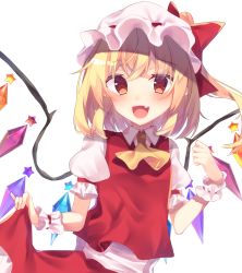 Rule 34 | 1girl, ascot, blonde hair, blush, chisiro unya (unya draw), crystal, fang, flandre scarlet, hat, looking at viewer, mob cap, open mouth, puffy short sleeves, puffy sleeves, red eyes, red ribbon, red skirt, red vest, ribbon, shirt, short sleeves, simple background, skirt, smile, solo, star (symbol), touhou, vest, white background, white shirt, wings, wrist cuffs
