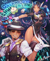 Rule 34 | 1boy, 1girl, ;), alternate costume, anniversary, black hair, black leotard, breasts, brown eyes, collared shirt, confetti, covered navel, dark-skinned female, dark-skinned male, dark skin, dress shirt, facial hair, fedora, forehead jewel, gloves, goatee, grin, hat, highres, hip focus, jazzy lucio, leotard, lino chang, long hair, long sleeves, looking at viewer, lucio (overwatch), magician symmetra, mechanical arms, medium breasts, necktie, official alternate costume, one eye closed, overwatch, overwatch 1, parted lips, pelvic curtain, purple neckwear, shirt, short sleeves, single mechanical arm, sleeves rolled up, smile, star (symbol), symmetra (overwatch), thighhighs, thighs, top hat, vest, white gloves, white shirt, yellow eyes