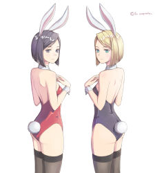 Rule 34 | 2girls, animal ears, aqua eyes, artist name, ass, back, bare arms, bare back, bare shoulders, black hair, black legwear, black leotard, blonde hair, breasts, closed mouth, detached collar, fake animal ears, female focus, hand on own chest, hand up, highres, la campanella, legs, leotard, light smile, looking at viewer, looking back, multiple girls, neck, original, playboy bunny, purple eyes, rabbit ears, rabbit tail, red leotard, short hair, simple background, small breasts, smile, standing, strapless, strapless leotard, symmetry, tail, thighhighs, white background, wrist cuffs