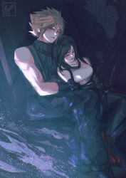 Rule 34 | 1boy, 1girl, arm guards, baggy pants, bare shoulders, black gloves, black hair, black sports bra, black thighhighs, blonde hair, blue sweater, blush, boots, breasts, closed eyes, cloud strife, collarbone, commentary, couple, crop top, elbow gloves, english commentary, final fantasy, final fantasy vii, final fantasy vii remake, gloves, hair between eyes, head on another&#039;s shoulder, large breasts, light particles, long hair, miyukiko, night, night sky, outdoors, pants, parted lips, red footwear, signature, sitting, skirt, sky, sleeping, sleeveless, sleeveless turtleneck, spiked hair, sports bra, star (sky), starry sky, suspender skirt, suspenders, sweater, swept bangs, tank top, thighhighs, tifa lockhart, turtleneck, turtleneck sweater, white tank top